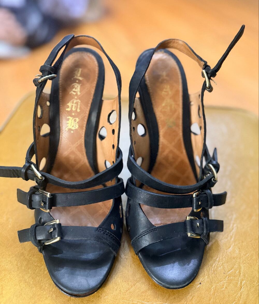 L.A.M.B. Gwen Stefani Black Leather Strappy Buckle Heels Size 9M